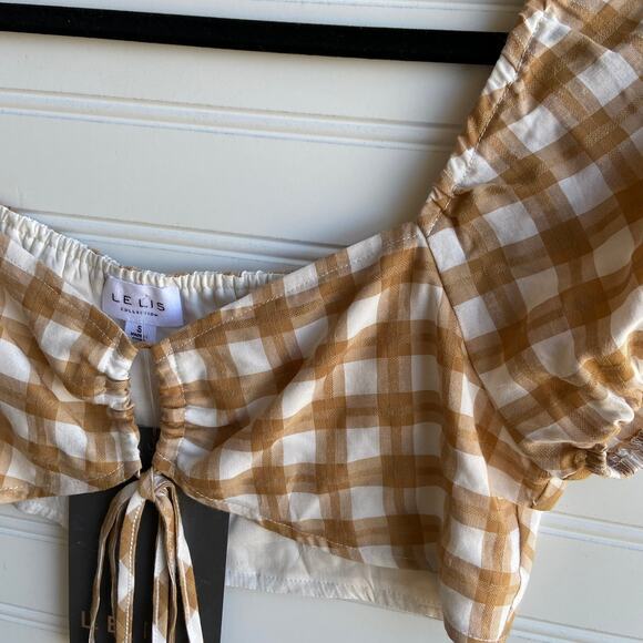 Le Lis S Tan White Plaid Checkered Tie Up Keyhole Short Cap Sleeve Crop Top - Picture 3 of 7